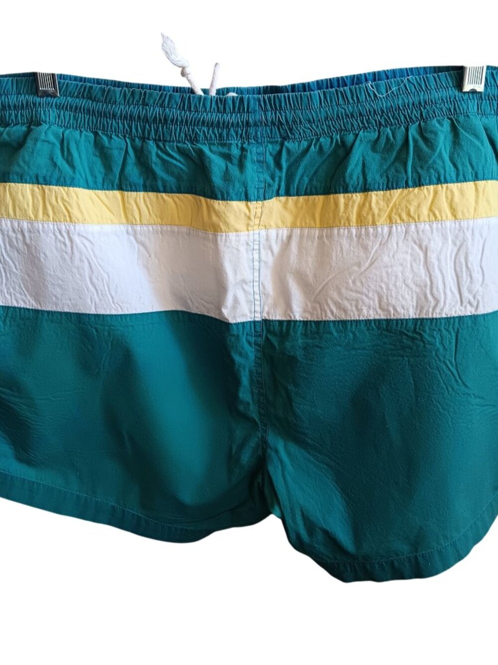 Vintage XL surf Trunks/Shorts Men's Colorblock Aqua Blue/Yellow Striped 1990's